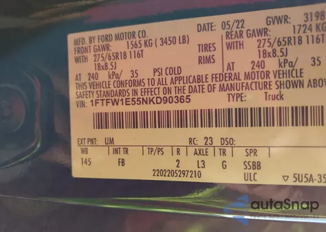 2022 Ford F150 Supercrew from USA, damaged, VIN 1FTFW1E55NKD90365